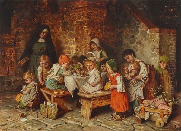 Children Eating In A Monastery Oil Painting by Hermann Kaulbach