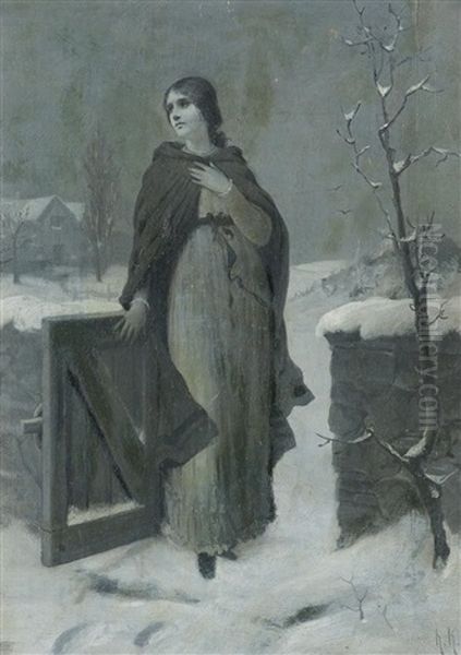 Junge Frau Am Winterlich Verschneiten Gartentor Oil Painting by Hermann Kaulbach