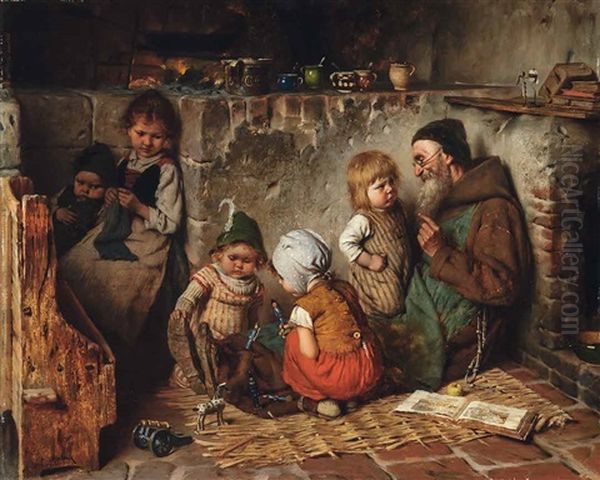 Kinder Lauschen In Der Stube Den Geschichten Des Grosvaters Oil Painting by Hermann Kaulbach