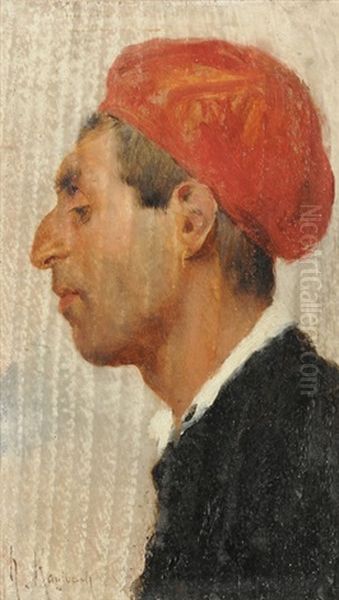 Portrait Eines Mannes Im Profil Mit Rotem Berret Oil Painting by Hermann Kaulbach