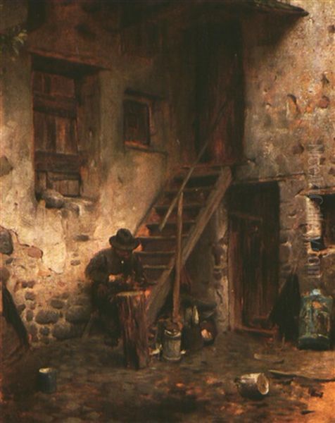 Schnitzender Sudtiroler Bauer Auf Der Treppe Im Hof Oil Painting by Hermann Kaulbach