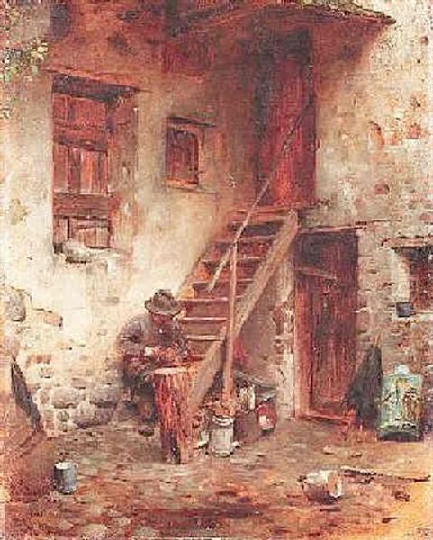 In Einem Tiroler Hinterhof Bei Eppan. Alter Bauer Beim Schnitzen Oil Painting by Hermann Kaulbach