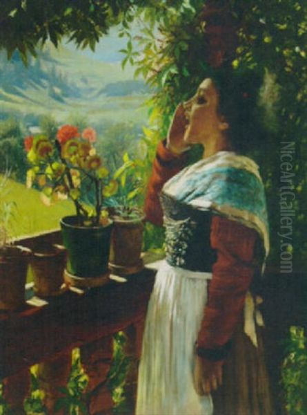 A Young Girl On A Sunlit Balcony Oil Painting by Hermann Kaulbach