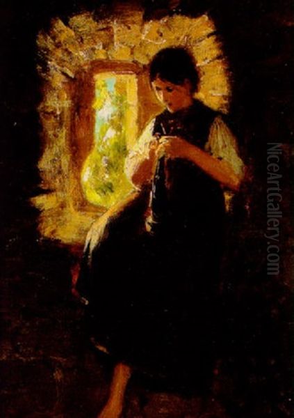 Strickendes Dirndl Am Fenster Oil Painting by Hermann Kaulbach