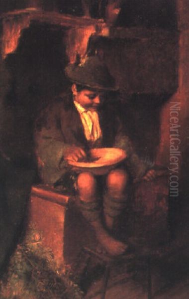 Bauernbub Mit Suppensch_ssel Oil Painting by Hermann Kaulbach