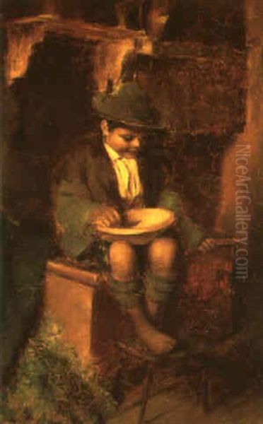 Boy Sitting With Bowl In His Lap Oil Painting by Hermann Kaulbach