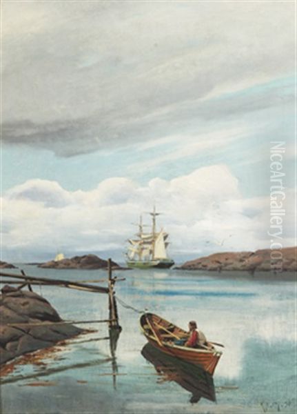 Kustlandskap Med Fiskare Och Segelfartyg Oil Painting by Haakon Jensen Kaulum