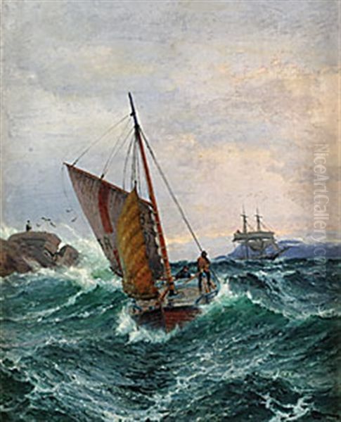 Ladsbaad Under Kysten Oil Painting by Haakon Jensen Kaulum