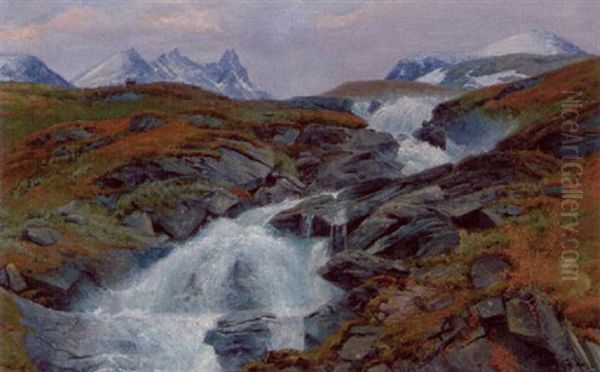 Norsk Bjerglandskab Med Brusende Elv Oil Painting by Haakon Jensen Kaulum