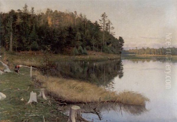 Insjolandskap I Kvallssol Oil Painting by Haakon Jensen Kaulum