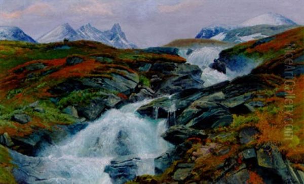 Norsk Bjerglandskab Med Brusende Elv Oil Painting by Haakon Jensen Kaulum