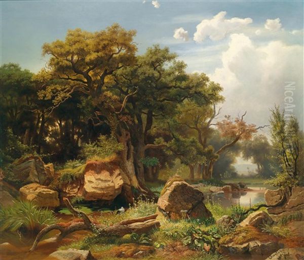 Aulandschaft Mit Storch Oil Painting by Johann (Jan) Kautsky