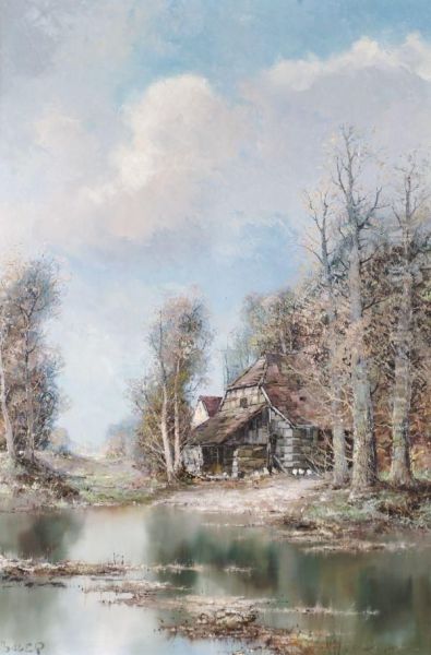 Cabin On A Lake With Chickens Oil Painting by William C. Bauer