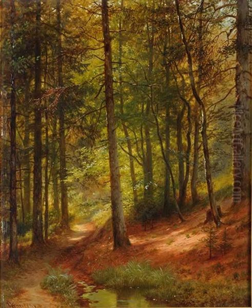 The Interior Of A Forest Oil Painting by Johann (Jan) Kautsky