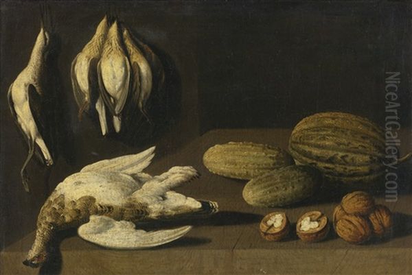 Still Life Of Dead Game Birds, Gherkins, A Melon And Walnuts All On A Wooden Table Oil Painting by Albrecht Kauw the Elder