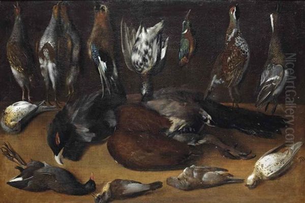 Partridges, An Eurasian Jay, A Quail, A Kingfisher And A Duck, All Suspended From Nails, A Capercaillie And Various Other Birds On A Table Oil Painting by Albrecht Kauw the Elder