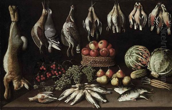 Apples In A Wicker Basket, With Pears, Grapes, Cherries, A Gherkin, Lettuce, Melon, Dead Birds And Fish On A Wooden Table, With A Rabbit, Woodcocks... by Albrecht Kauw the Elder