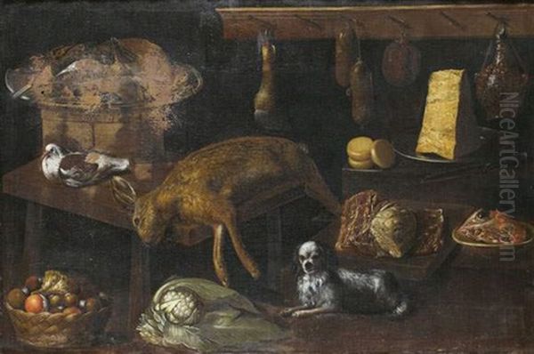 Nature Morte Au Gibier, A La Corbeille De Fruits, Aux Fromages Gardee Par Un Chien Oil Painting by Albrecht Kauw the Elder