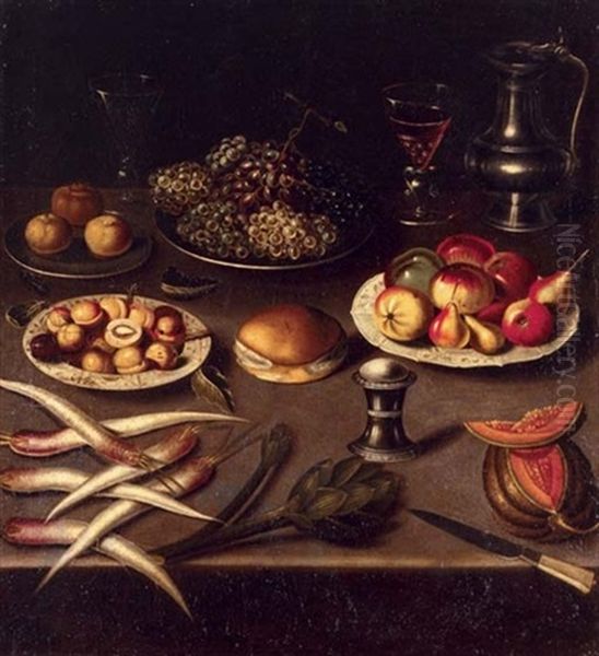 Turnips, An Artichoke, A Melon, A Bun, Fruit On Plates, Two Facon De Venise, A Pewter Jug And A Knife, On A Table Oil Painting by Albrecht Kauw the Elder