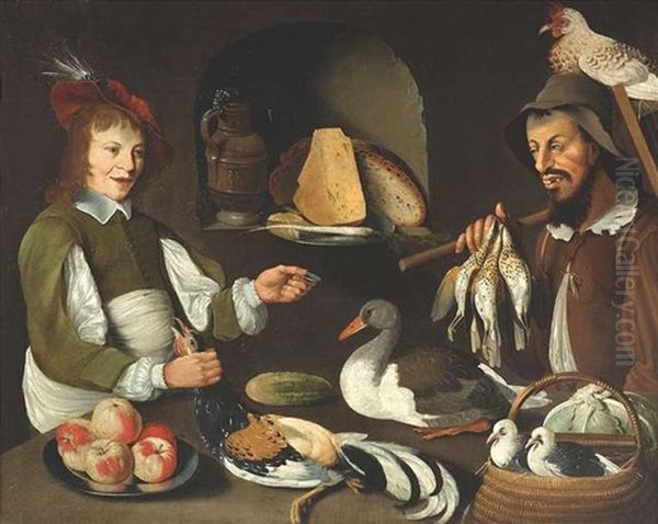 Vorratskammer Mit Edelmann Und Geflugelhandler Oil Painting by Albrecht Kauw the Elder