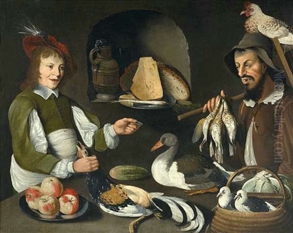 Vorratskammer Mit Edelmann Und Geflugelhandler Oil Painting by Albrecht Kauw the Elder