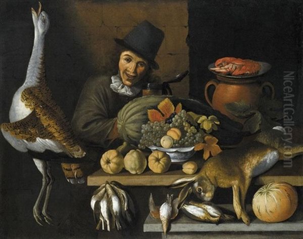 A Still Life With Dead Game, A White Porcelain Bowl Filled With Grapes And Peaches, A Platter Of Lobsters On A Terracotta Urn And A Smiling Man Behind Oil Painting by Albrecht Kauw the Elder