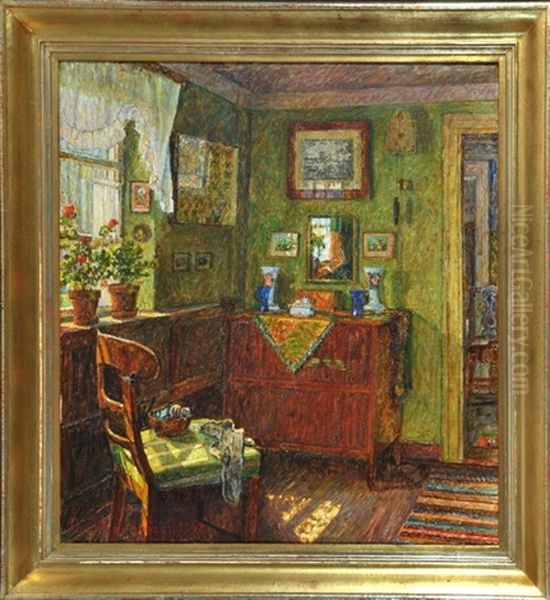 Stubeninterieur Mit Geranien Am Fenster by Paul Kauzmann