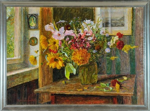 Stubeninterieur Mit Gartenblumenstraus Auf Tisch by Paul Kauzmann