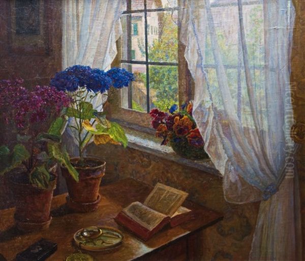 Interieuransicht Mit Blumen Am Sonnendurchfluteten Fenster by Paul Kauzmann