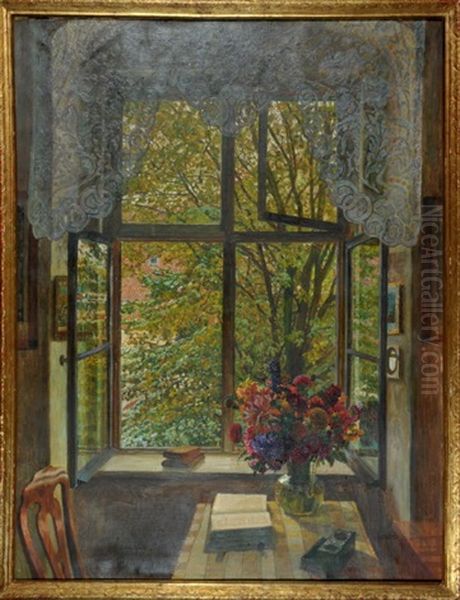 Interieur Mit Buchern Und Gartenblumenstraus Am Offenen Fenster Oil Painting by Paul Kauzmann