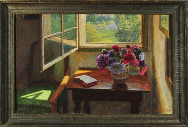 Dahlienstraus Auf Tisch Am Geoffneten Fenster Mit Blick In Den Sommerlichen Garten Oil Painting by Paul Kauzmann