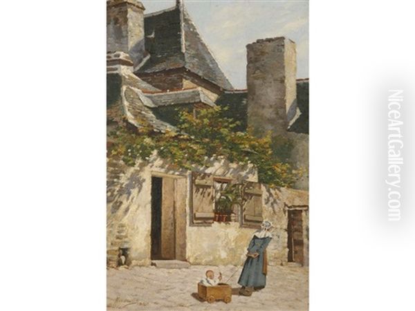 A Woman And Child Before Buildings On A Sunny Day Oil Painting by Joseph Malachy Kavanagh