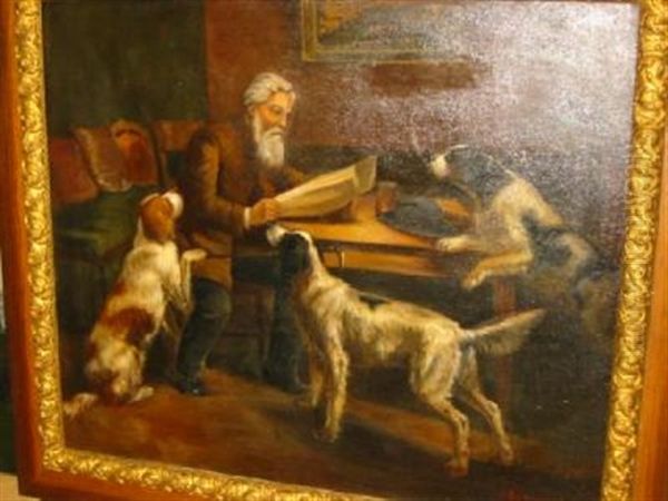 Interior Scene With Bearded Man And Three Gun Dogs Oil Painting by Joseph Malachy Kavanagh