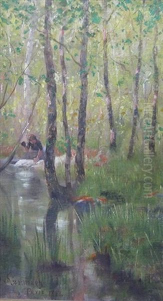 Laundress In The Woods Oil Painting by Joseph Malachy Kavanagh