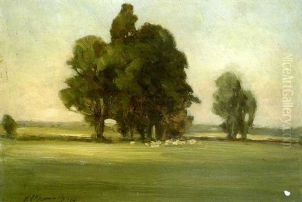 Sheep Grazing Under Trees In Landscape Oil Painting by Joseph Malachy Kavanagh