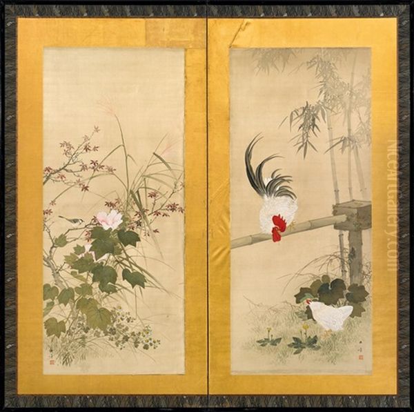 Vogel Und Blumen (2 Part Foldeing Screen) Oil Painting by Gyokusho Kawabata