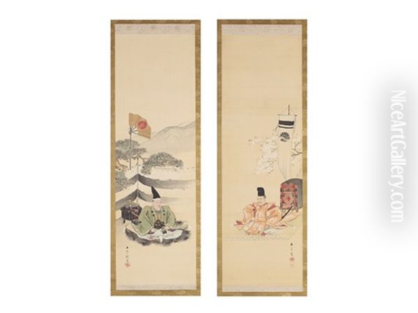 Tosho-gu/kusunoki Tei-i (a Pair Of Scrolls) Oil Painting by Gyokusho Kawabata