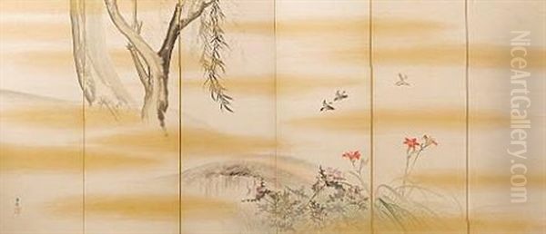 Six-fold Screen With A Tsugumi Hovering Over A Bridge (+ Six-fold Screen With Shijyukara Flying Toward Thistle; Pair) Oil Painting by Gyokusho Kawabata