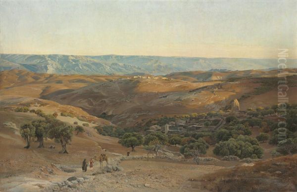 The Mountains Of Maob Seen From Bethany Oil Painting by Gustave Bauernfeind