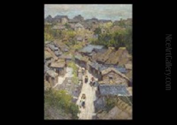 Fisherman's Village Oil Painting by Shinzo Kawai