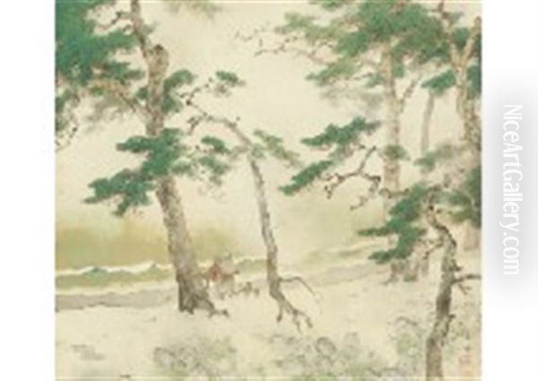 Pine Trees And Sound Of Waves Oil Painting by Manshu Kawamura