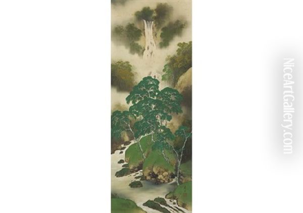 Waterfall In Kanba Oil Painting by Manshu Kawamura