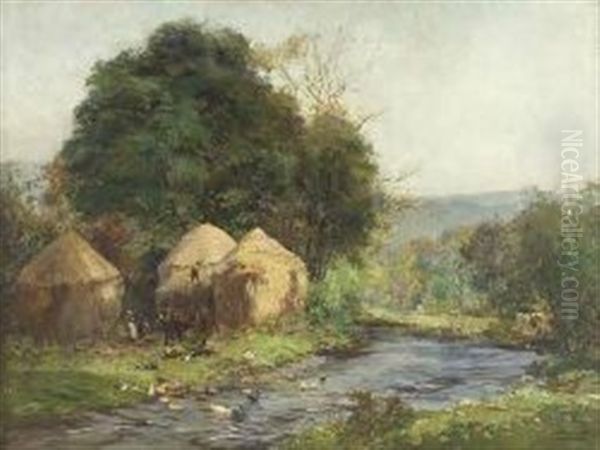 A River Landscape With Hay-ricks Oil Painting by Archibald Kay