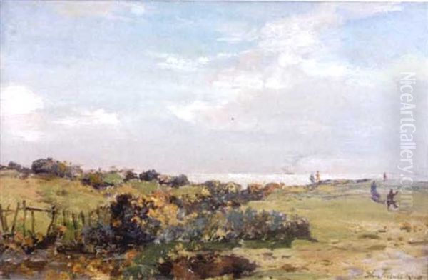 Figures On A Links Course (kilchattan Bay, Bute?) Oil Painting by Archibald Kay