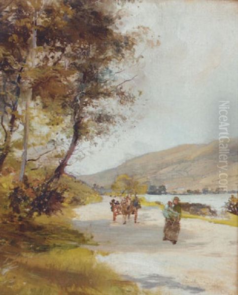 Figures And A Horse And Cart By The Edge Of A Loch Oil Painting by Archibald Kay