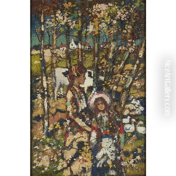 Children And Animals In Woodland Oil Painting by James Kay