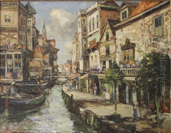 A Busy Canal, Bruges Oil Painting by James Kay