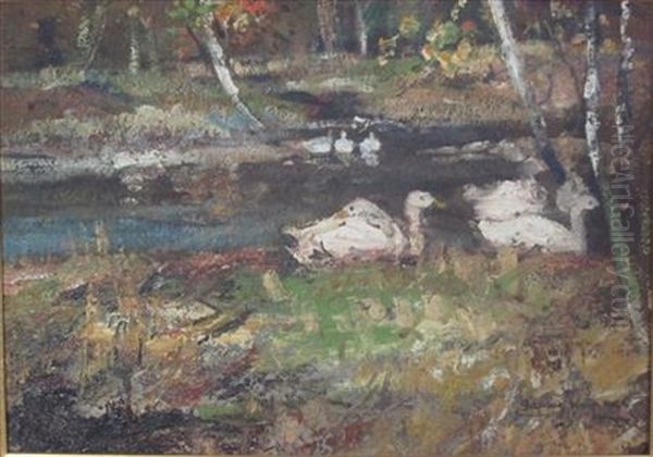 Geese On A Woodland Pond Oil Painting by James Kay