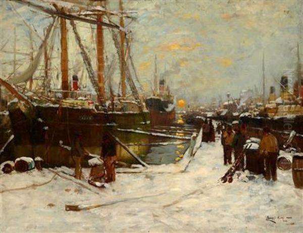 On A Snow Covered Quay Oil Painting by James Kay