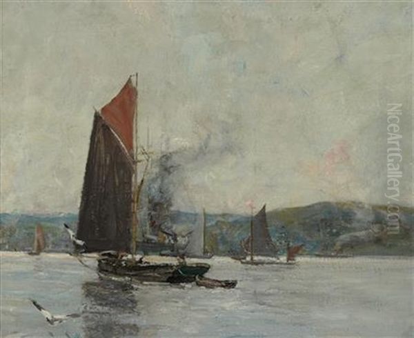 Barges On The Clyde Oil Painting by James Kay